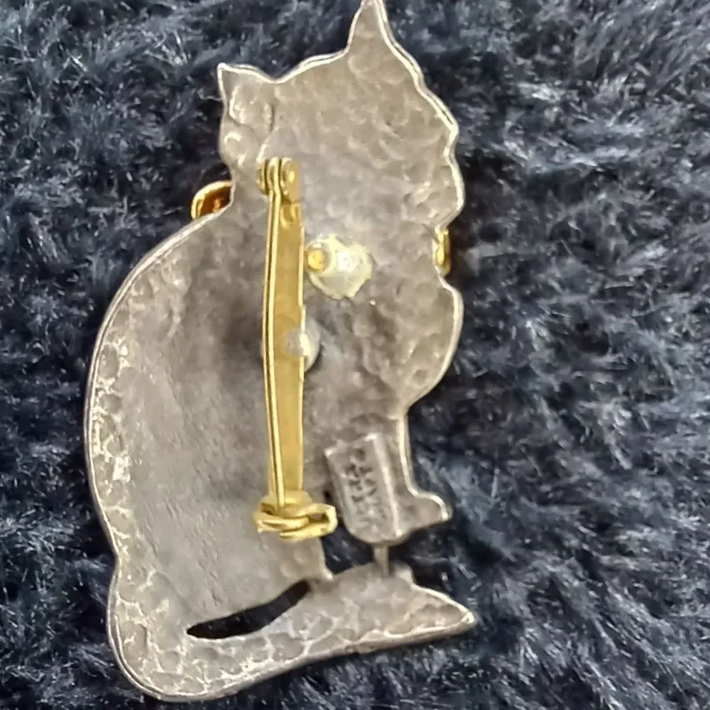 Vintage ULTRA CRAFT Cat Broach Pewter Gold Bow Signed